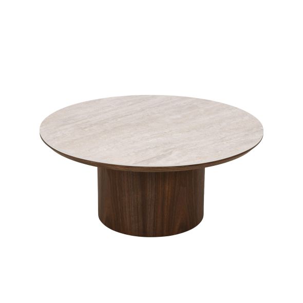 Table basse LOFA placage noyer et plateau céramique effet travertin 80cm