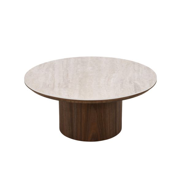 Table basse LOFA placage noyer et plateau céramique effet travertin 80cm