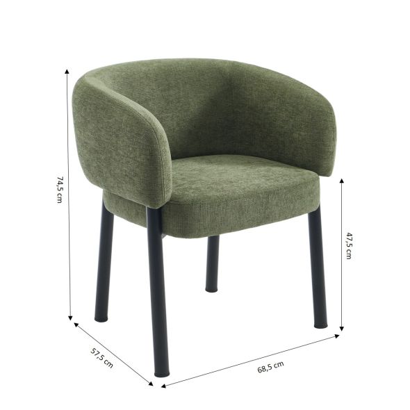 Fauteuil de table ABELIA velours tramé vert et pieds métal noir