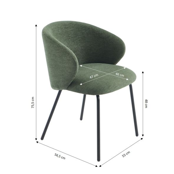 Lot de 2 chaises CASSIE tissu chenille vert et pieds métal noir