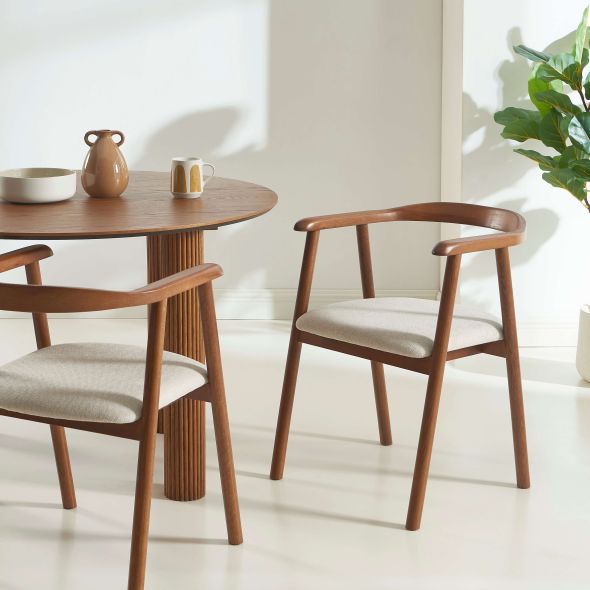 Lot de 2 chaises LORENZ chêne massif couleur noyer et tissu beige