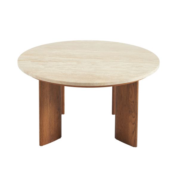 Table basse MOKU plateau travertin et pieds frêne massif couleur noyer