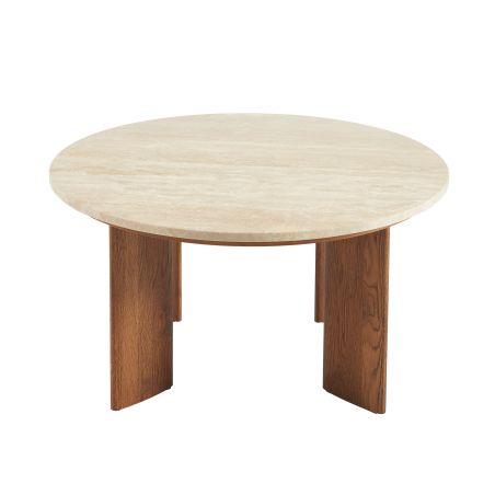 Table basse MOKU plateau travertin et pieds frêne massif couleur noyer