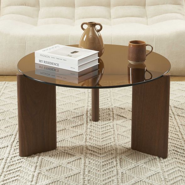 Table basse OLIE verre trempé caramel et placage noyer 75cm