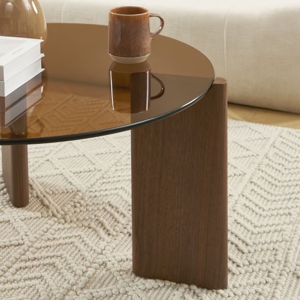 Table basse OLIE verre trempé caramel et placage noyer 75cm