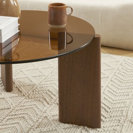Table basse OLIE verre trempé caramel et placage noyer 75cm
