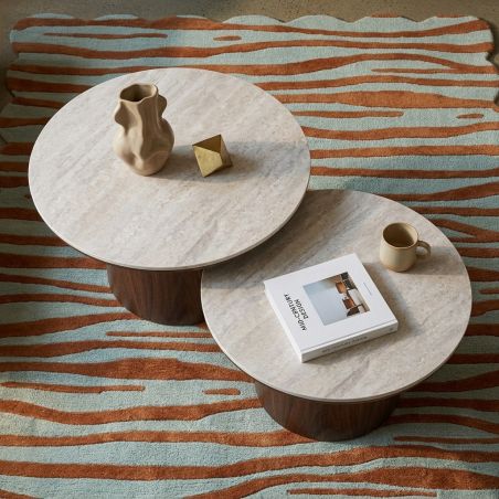 Table basse LOFA placage noyer et plateau céramique effet travertin 80cm