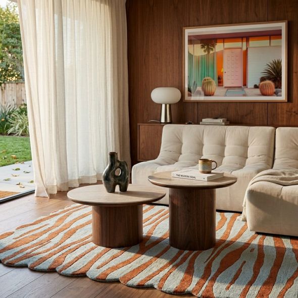 Table basse LOFA placage noyer et plateau céramique effet travertin 80cm