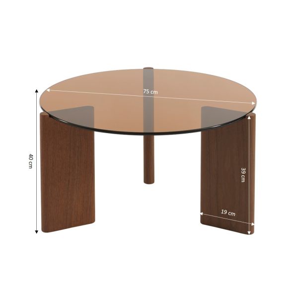 Table basse OLIE verre trempé caramel et placage noyer 75cm