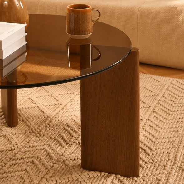 Table basse OLIE verre trempé caramel et placage noyer 75cm