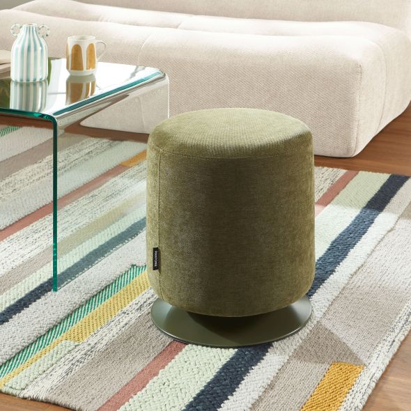 Pouf PANTONE tissu chenille vert olive et pied métal pivotant
