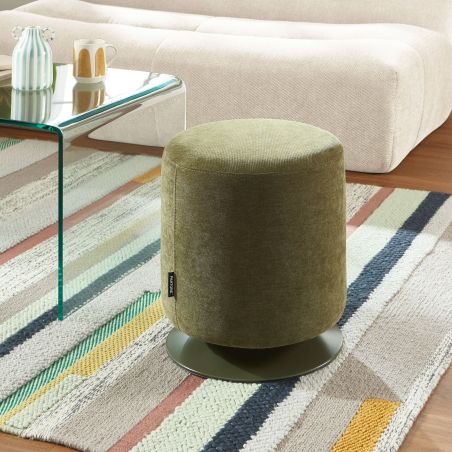 Pouf PANTONE tissu chenille vert olive et pied métal pivotant