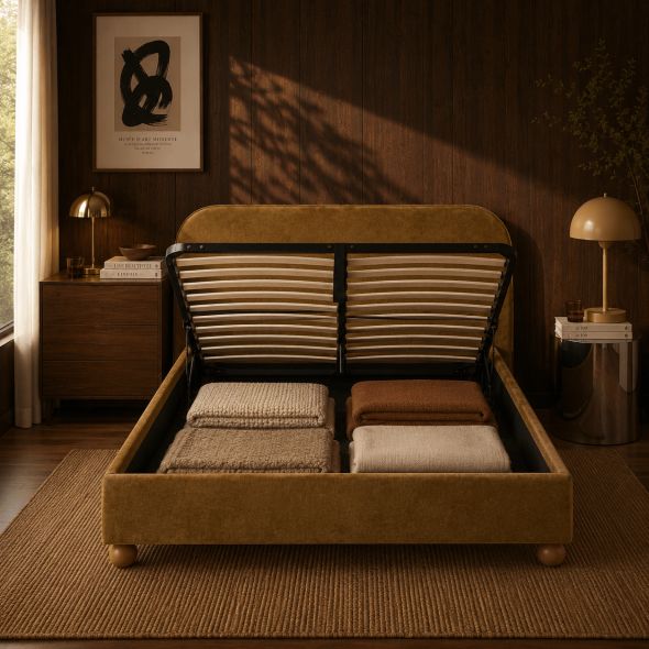 Lit coffre PILKA 140x190 tissu chenille bronze sommier inclus