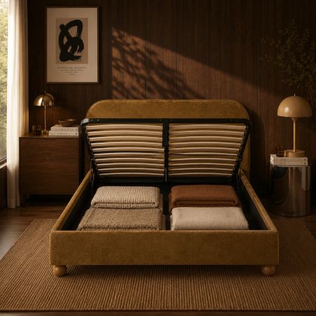 Lit coffre PILKA 140x190 tissu chenille bronze sommier inclus
