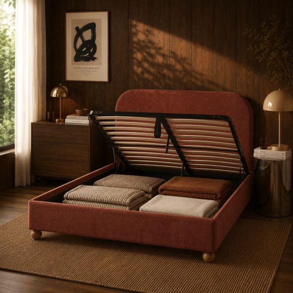 Lit coffre PILKA 140x190 tissu chenille bordeaux sommier inclus
