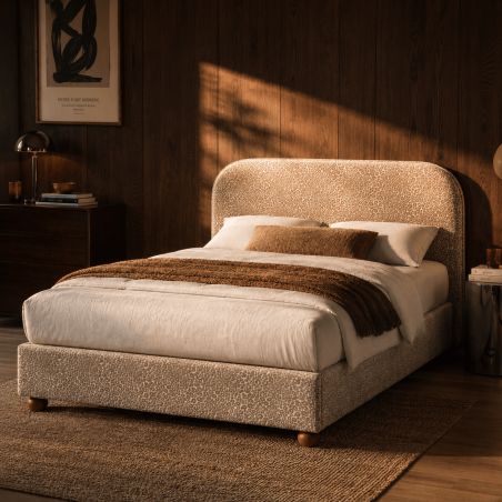 Lit coffre PILKA 160x200 tissu jacquard léopard beige sommier inclus