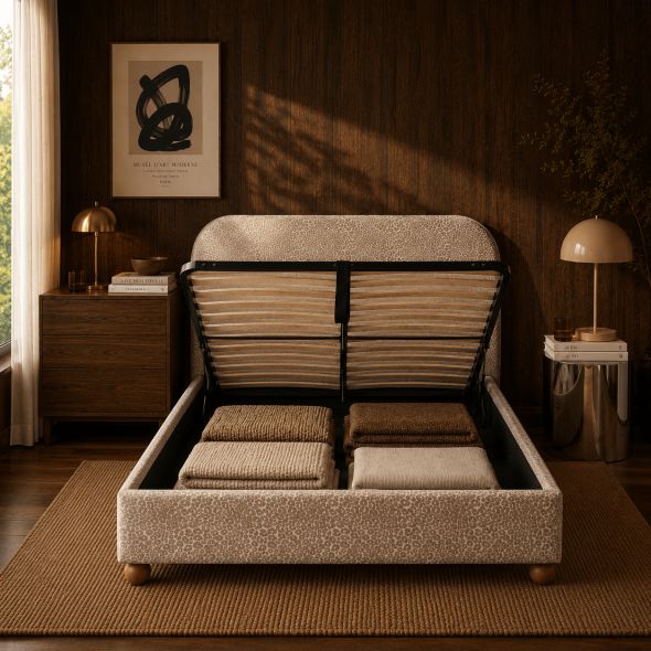 Lit coffre PILKA 160x200 tissu jacquard léopard beige sommier inclus