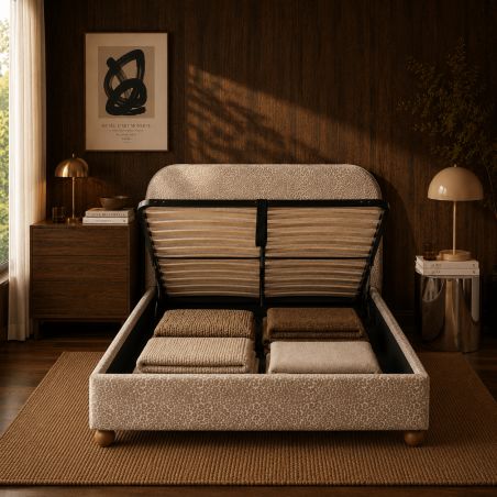 Lit coffre PILKA 160x200 tissu jacquard léopard beige sommier inclus