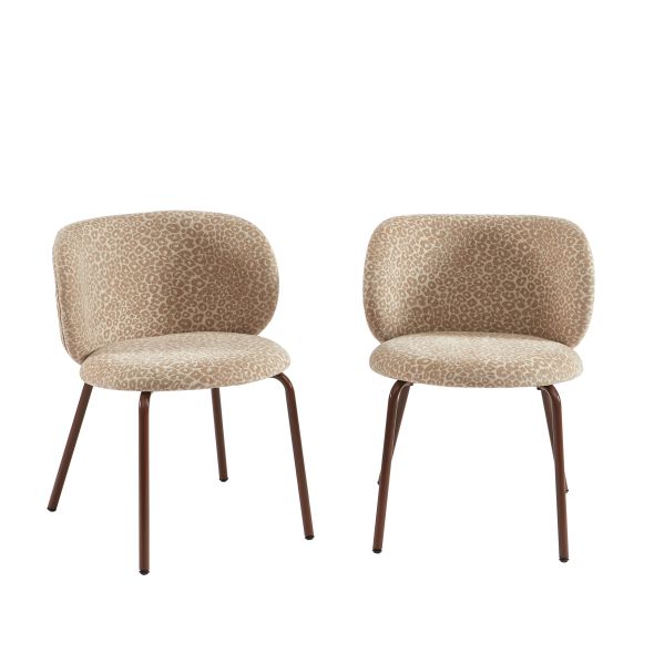Lot de 2 chaises SERENA tissu jacquard léopard beige et pieds métal marron
