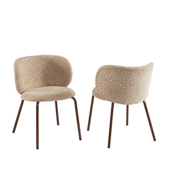 Lot de 2 chaises SERENA tissu jacquard léopard beige et pieds métal marron