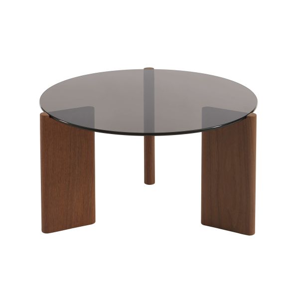 Table basse OLIE verre trempé noir et placage noyer 75cm