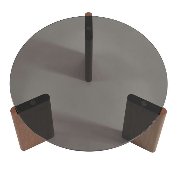 Table basse OLIE verre trempé noir et placage noyer 75cm