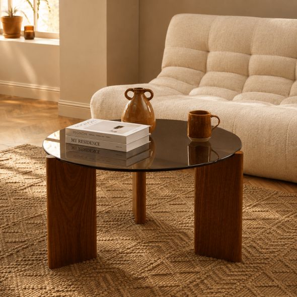 Table basse OLIE verre trempé noir et placage noyer 75cm