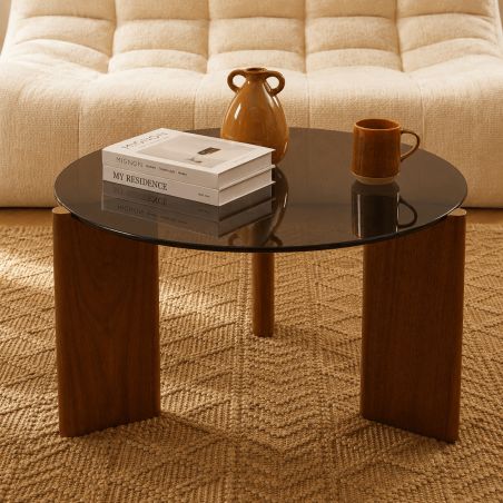 Table basse OLIE verre trempé noir et placage noyer 75cm
