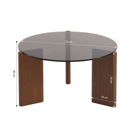 Table basse OLIE verre trempé noir et placage noyer 75cm