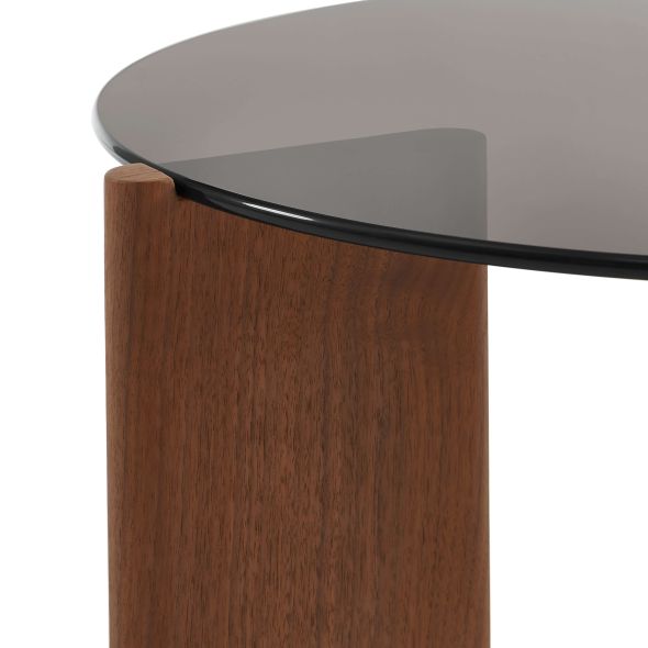 Table basse OLIE verre trempé noir et placage noyer 75cm