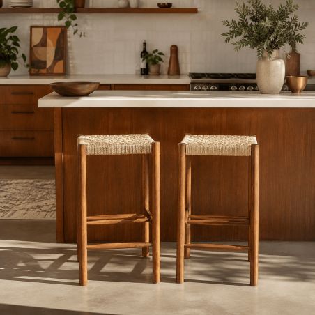 Lot de 2 tabourets ELLIO chêne massif couleur noyer et corde