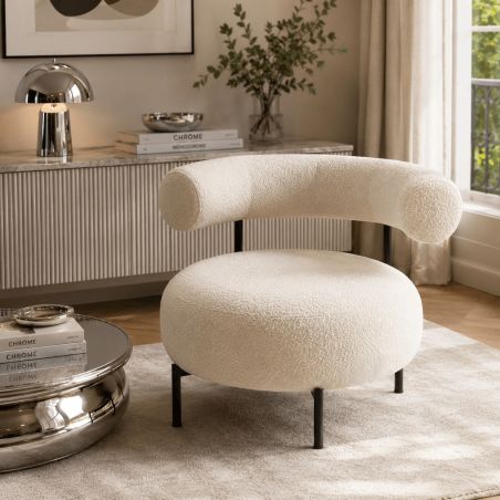 Fauteuil FAREL bouclette écrue et pieds métal noir