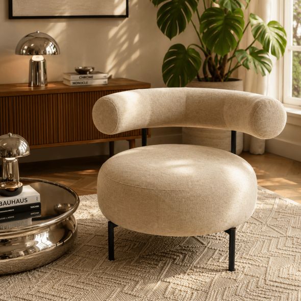 Fauteuil FAREL tissu chenille beige et pieds métal noir