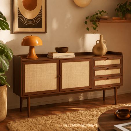 Buffet LEON noyer et cannage 2 portes 3 tiroirs 180cm