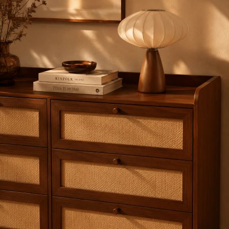 Commode LEON noyer et cannage 6 tiroirs 120cm