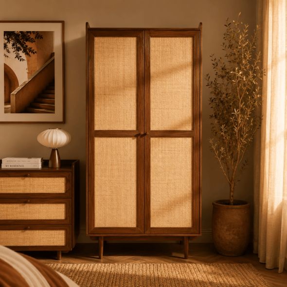 Armoire LEON noyer et cannage 2 portes h190cm