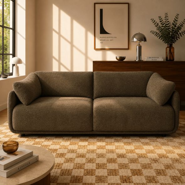 Canapé KURLY 3 places tissu chenille tramé taupe