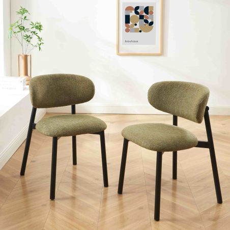 Lot de 4 chaises CIARA bouclette kaki et pieds métal noir