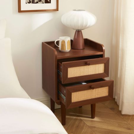 Ensemble tables de chevet + commode LEON placage couleur noyer et cannage
