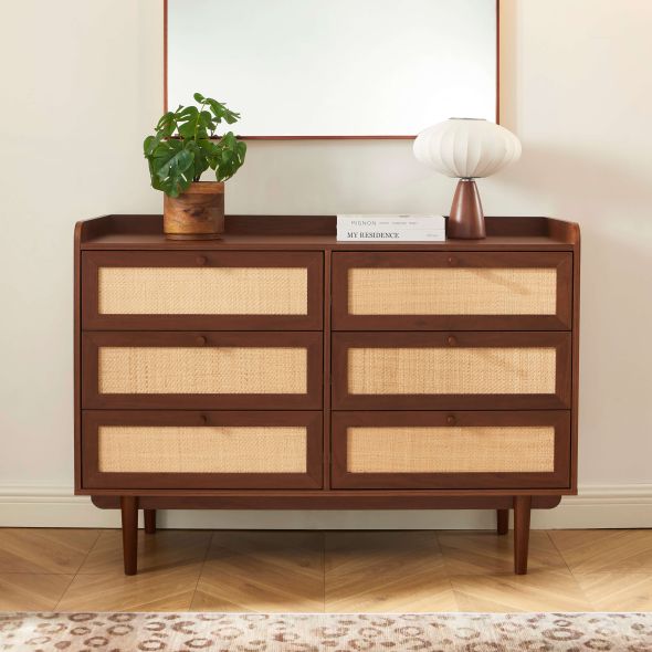 Ensemble tables de chevet + commode LEON placage couleur noyer et cannage