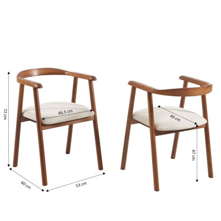 Lot de 6 chaises LORENZ chêne massif couleur noyer et tissu beige