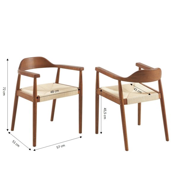 Lot de 6 chaises MARTIE chêne massif couleur noyer et corde