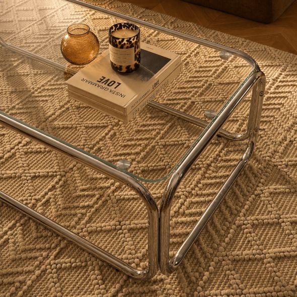 Table basse MAGGY verre trempé transparent et structure en chrome