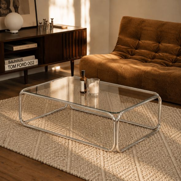 Table basse MAGGY verre trempé transparent et structure en chrome