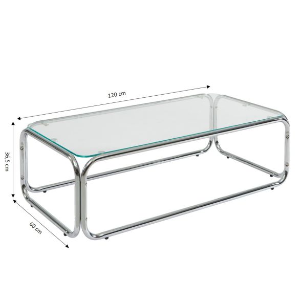 Table basse MAGGY verre trempé transparent et structure en chrome