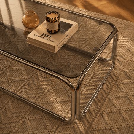 Table basse MAGGY verre trempé noir structure en chrome