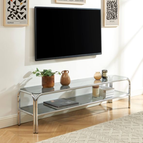 Meuble TV MAGGY verre trempé noir structure en chrome