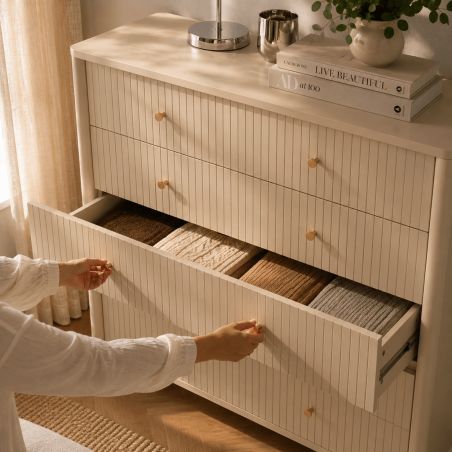 Commode CLEO laqué beige 5 tiroirs 90cm