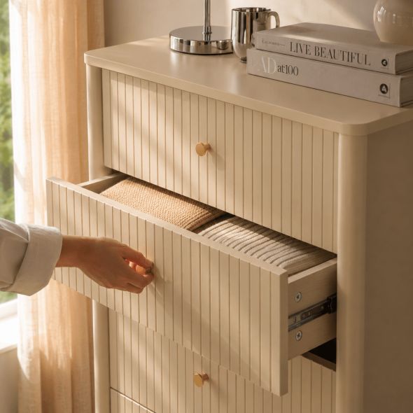 Chiffonnier CLEO laqué 5 tiroirs beige 55cm