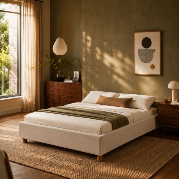 Lit coffre KORALL 160x200 tissu beige lin sommier inclus
